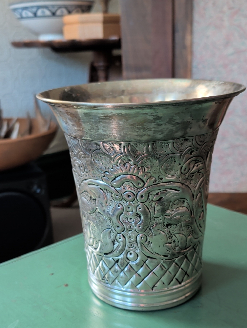 Handcrafted Silver-Tone Chased Metal Vase - Decorative Home Accent